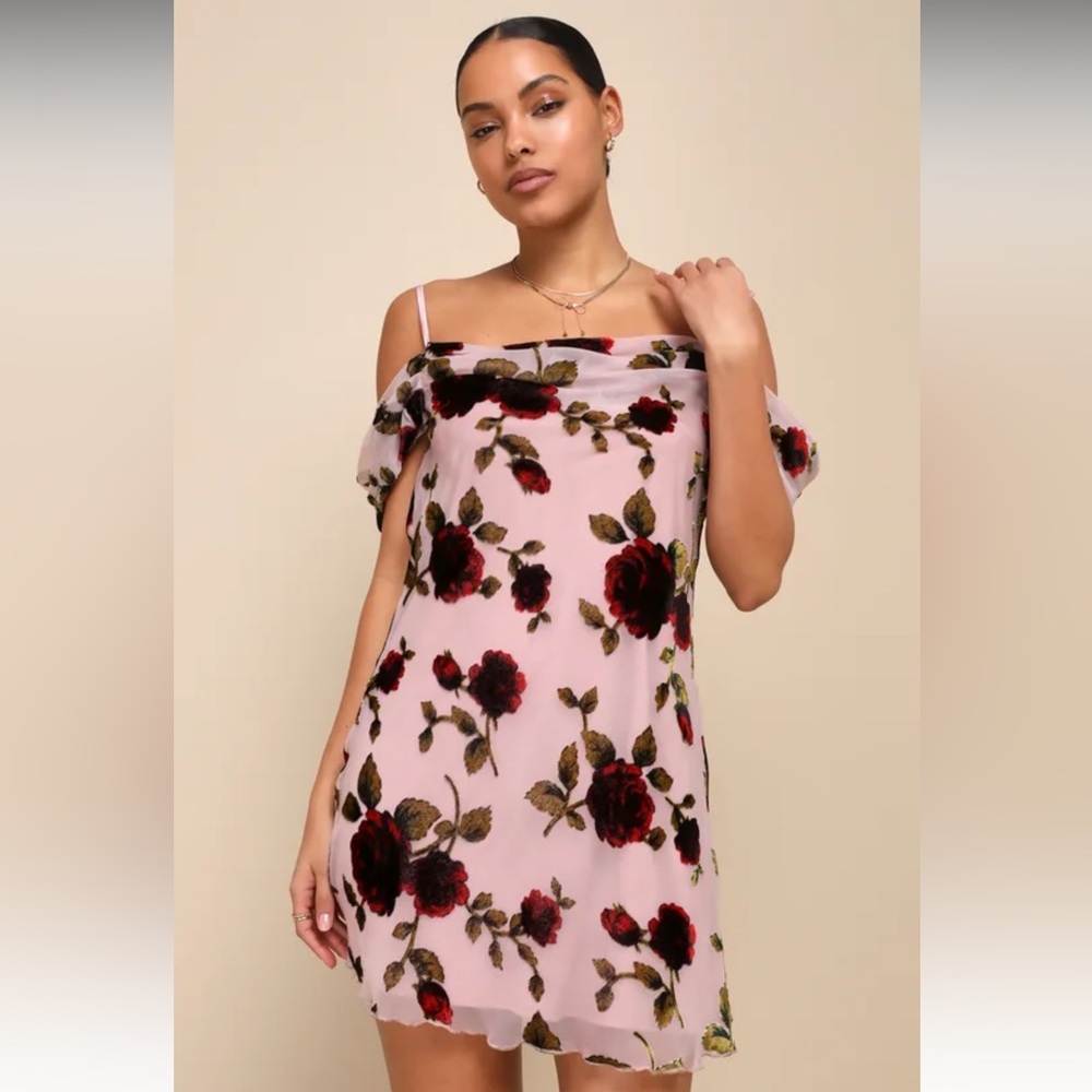 NWT Lulus Blush Pink Burnout Velvet Floral Mini Slip Dress